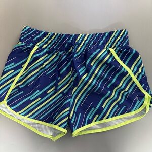 💜3/$15 Danskin Now Athletic Workout Shorts Navy/Neon Geometric Print - Womens M